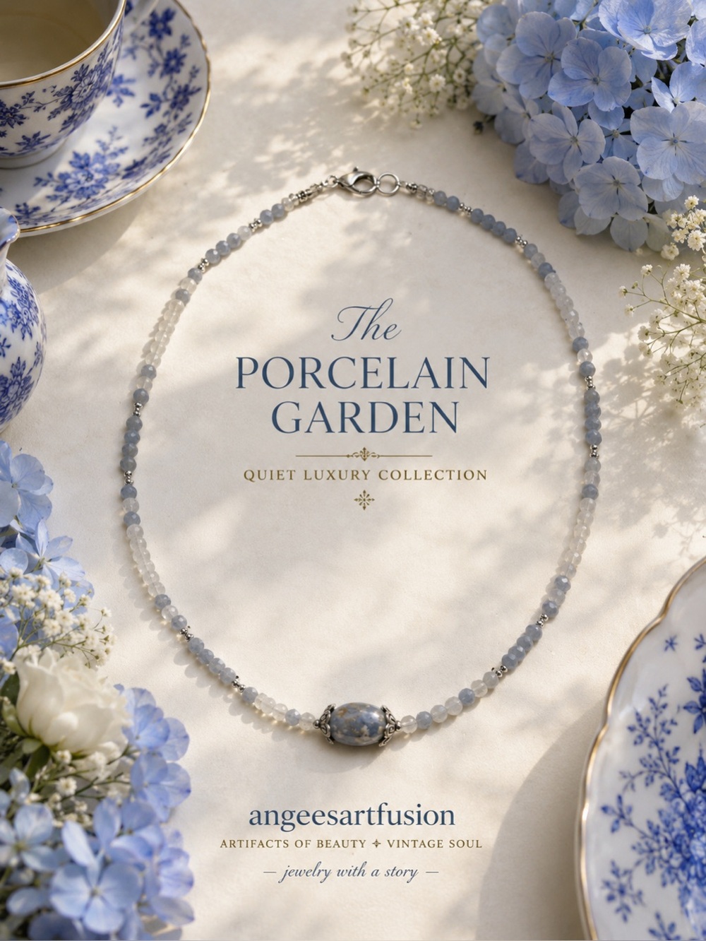 Angelite & Moonstone Necklace -“The Porcelain Garden”